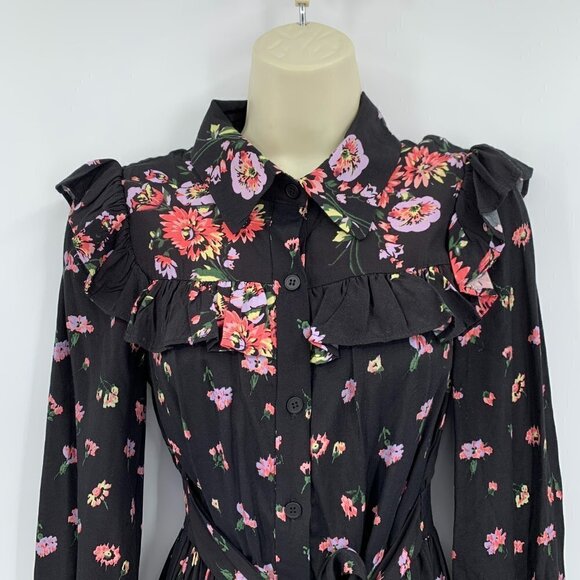 Jill Stuart black floral ruffle dress prairie cottage core shirtdress XS X-Small - Picture 3 of 6